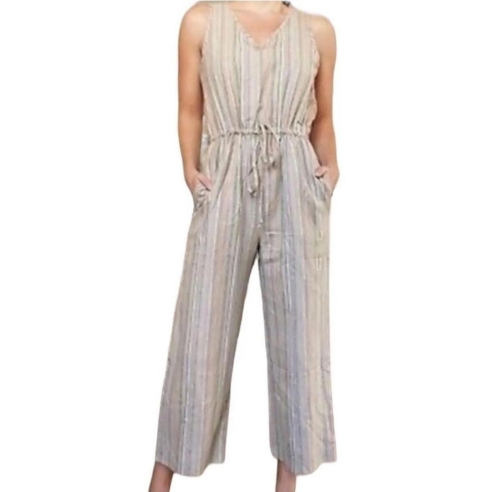 DREW Jumpsuit Women Large Tan Pink Stripe Cotton Wide Leg Sleeveless V-Neck Boho